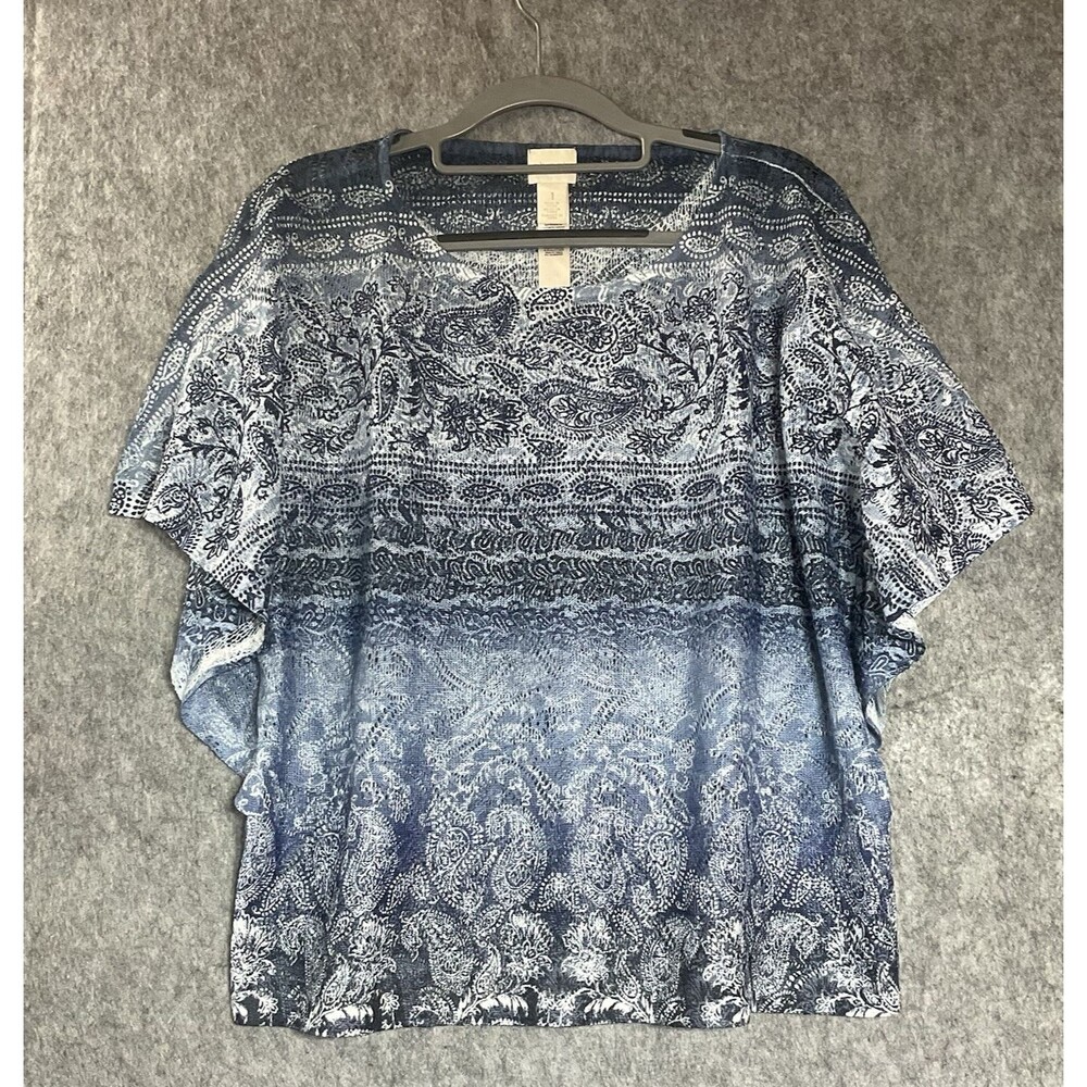 Chicos Shirt Womens 1 Medium Blue Relaxed Sheer Boho Coastal Cottage Prairie Top